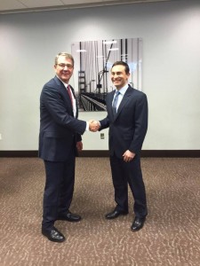 Secretary of Defense Ash Carter (left) greeting Douglas Beck,